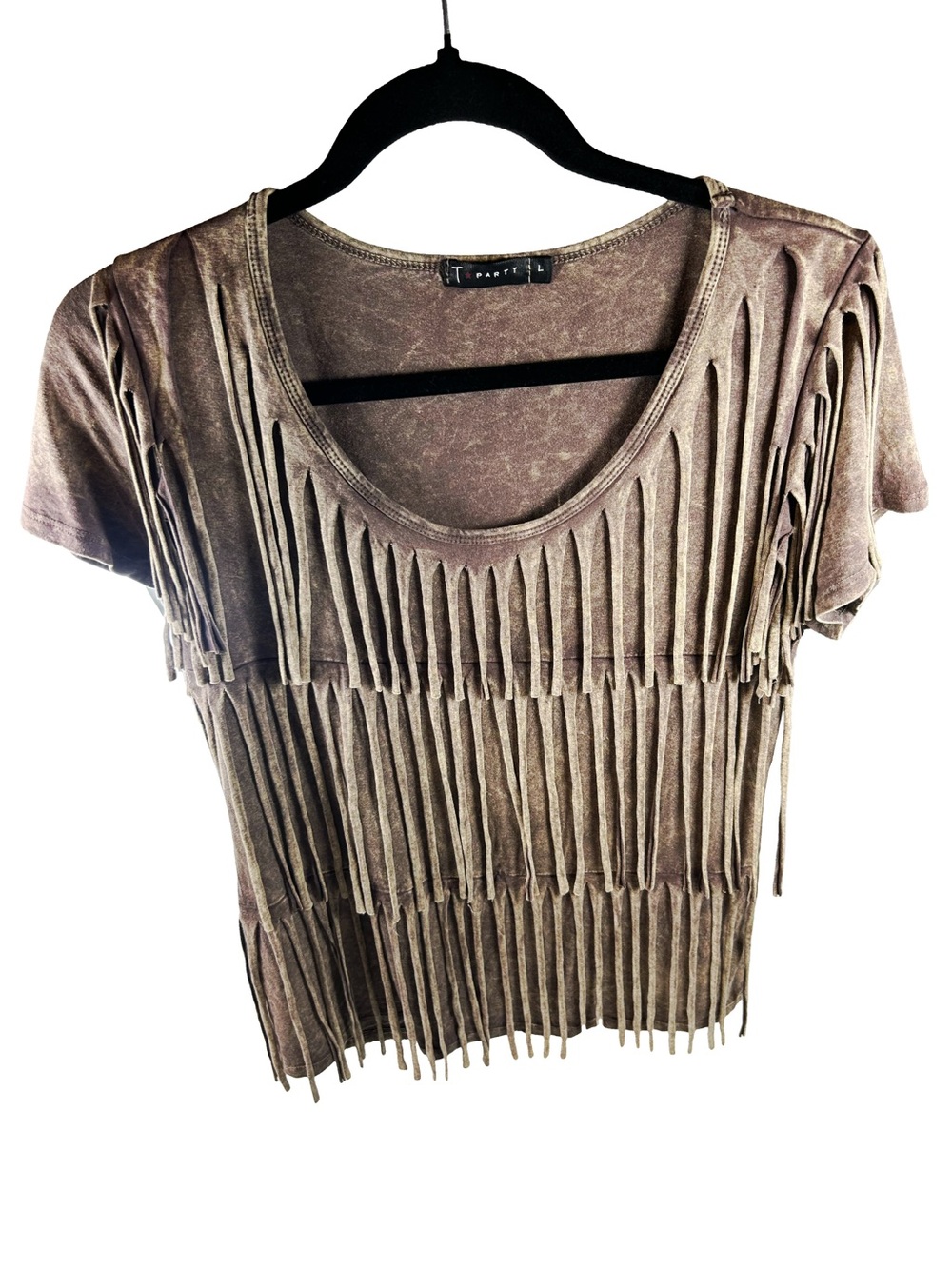 Vintage T Party Fringe Top Large Brown Acid Wash Boho Festival Western Y2K USA